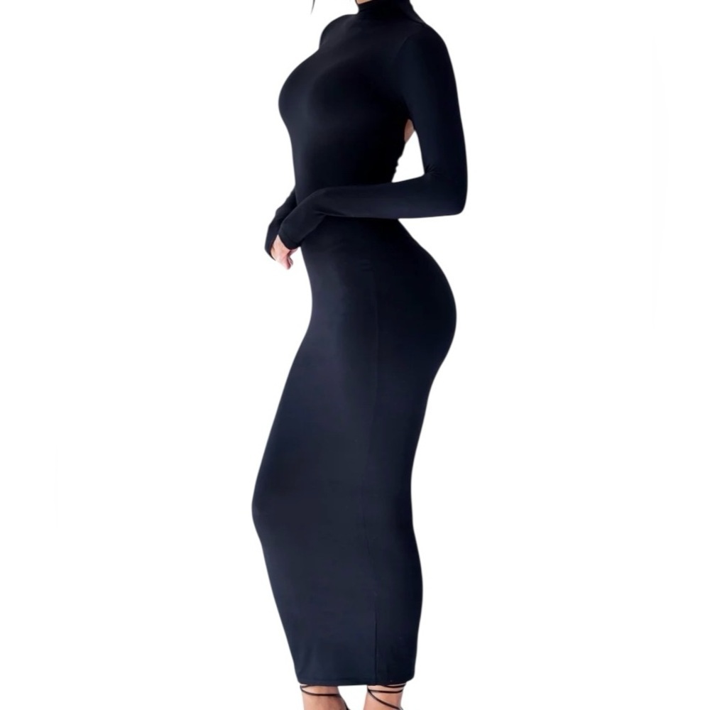 Lips & Honey Sexy Black Bodycon maxi Dress w opening on the back Size Small